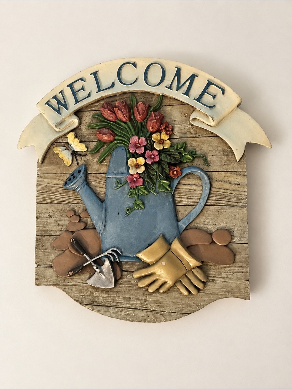 Welcome Garden Watering Can Wall Plaque - Blue and Cream